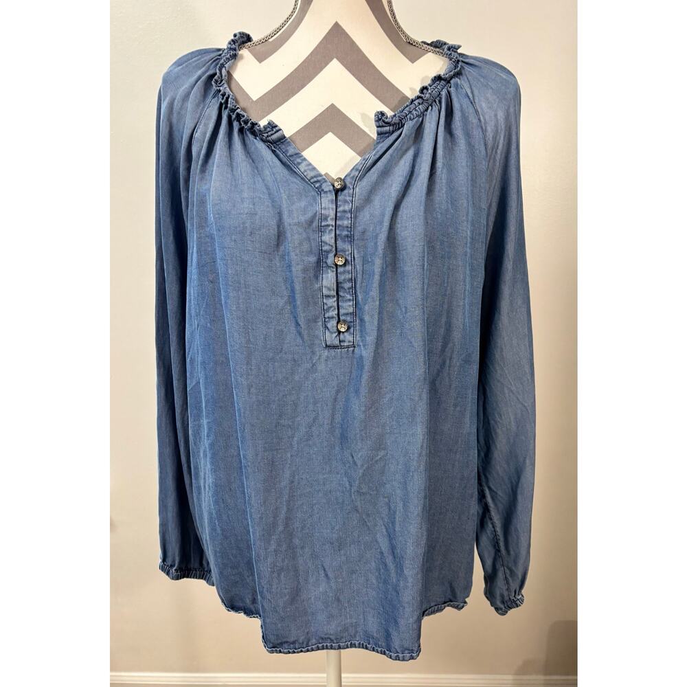 J Jill Denim Top Large L Blue Tencel Lyocell Chambray  V-Neck Ruffle Collar